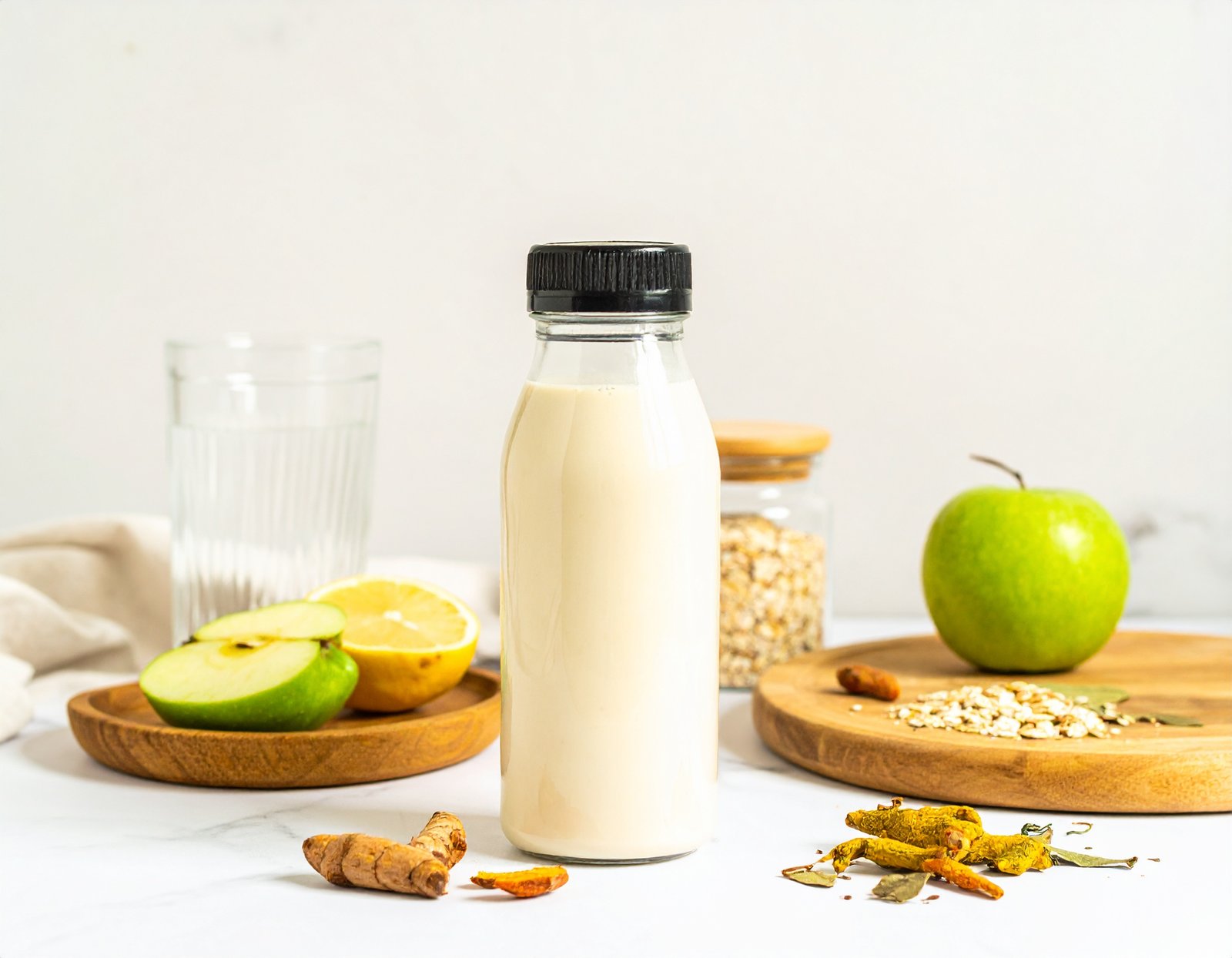 Leptozan bottle on a clean kitchen counter with natural ingredients