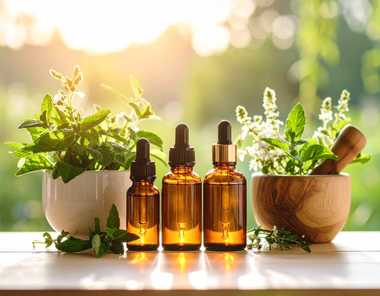 Cozy herbal workspace with fresh plants and tea