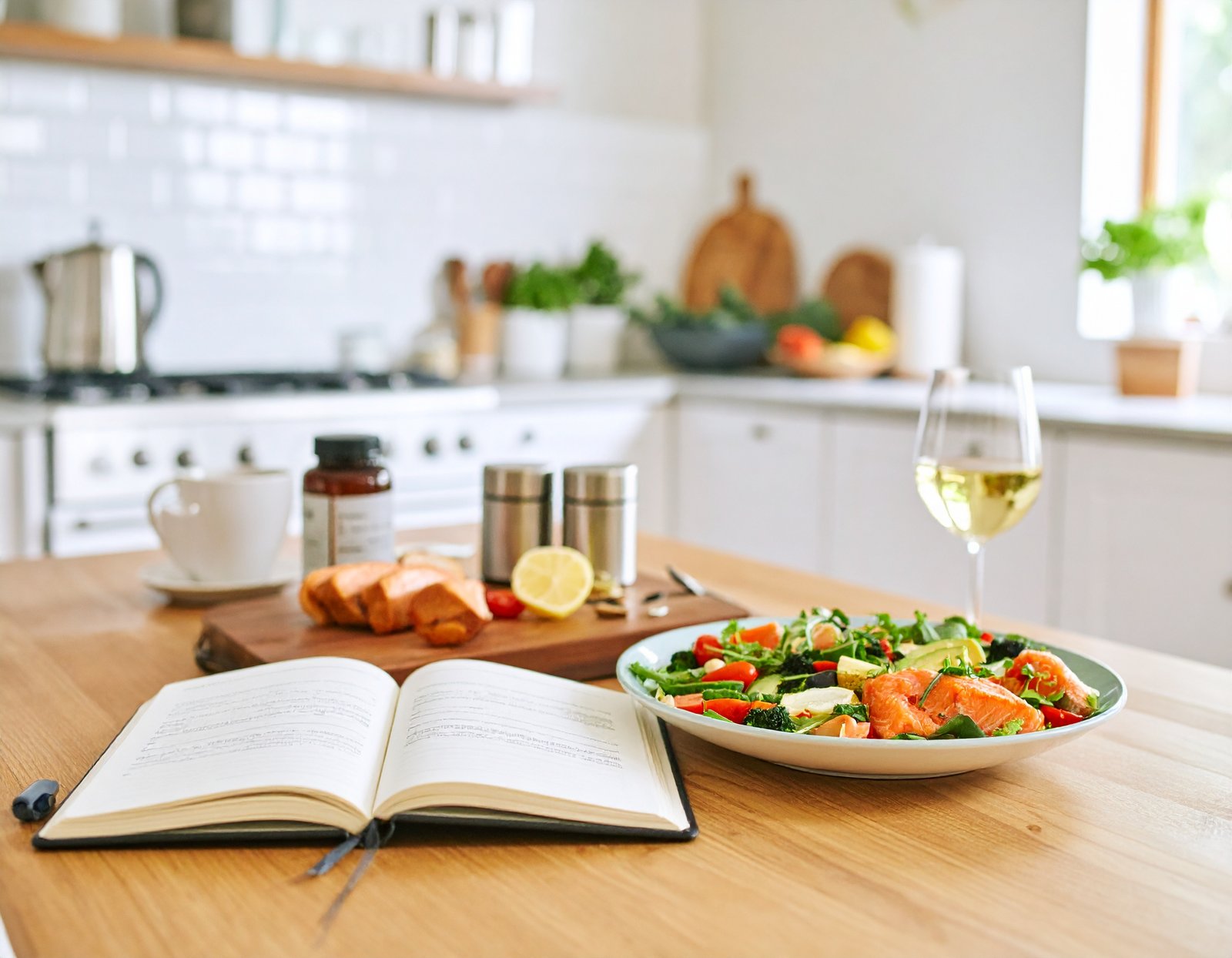 Cup of warm tea on a bright kitchen counter with healthy snacks