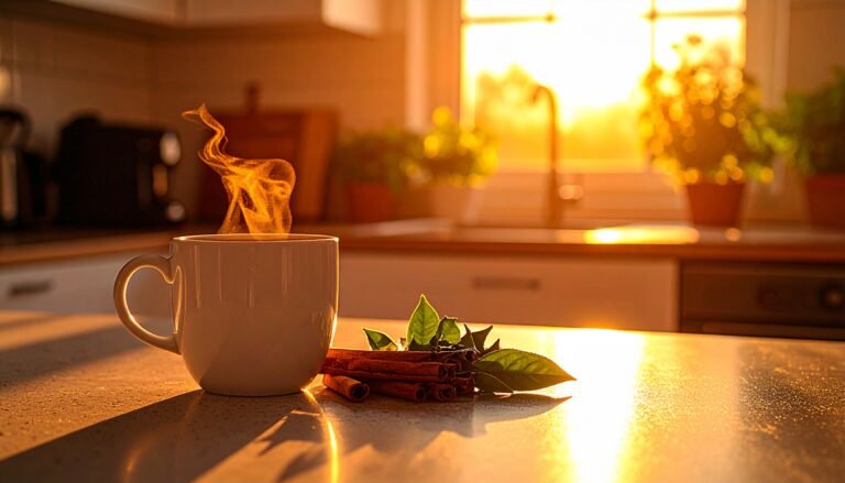 Black coffee in a white mug with cinnamon sticks and green tea leaves on a kitchen counter – representing natural metabolism-boosting ingredients.