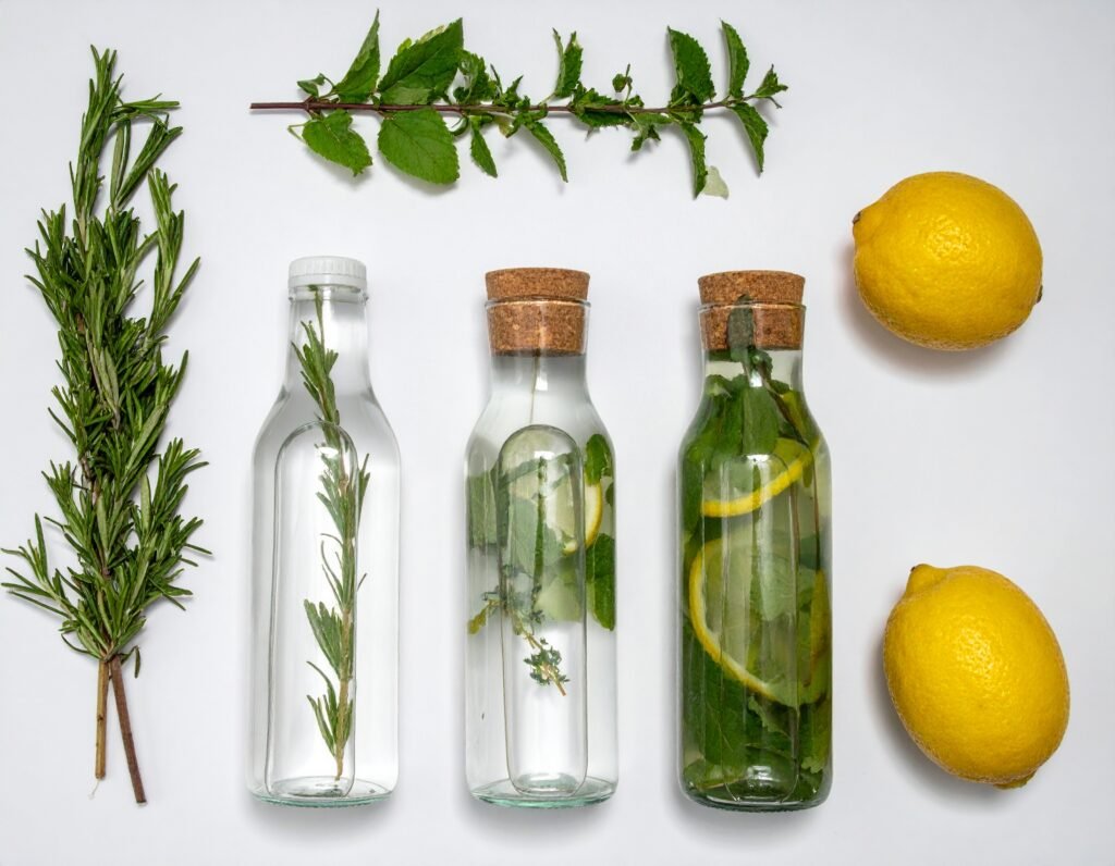 Flat lay of detox herbs, lemons, and glass water bottles