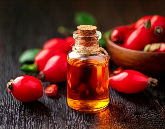 Rosehip oil dropper and fresh rosehips styled as a natural skincare flatlay