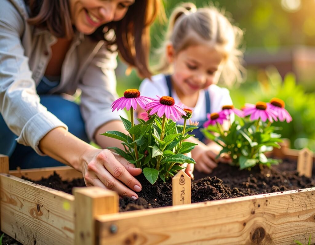 Child and parent planting echinacea purple seedlings