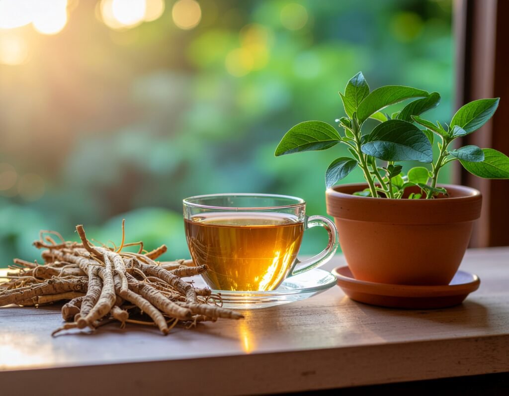 Healthy Ashwagandha plants and harvested root