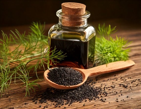 Black cumin seeds on wooden table