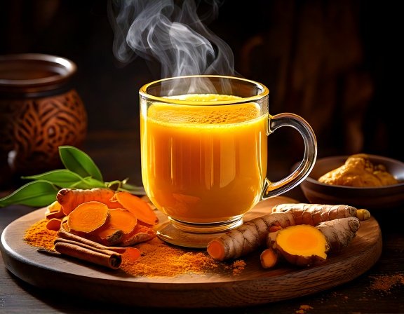 Steaming mug of golden turmeric tea