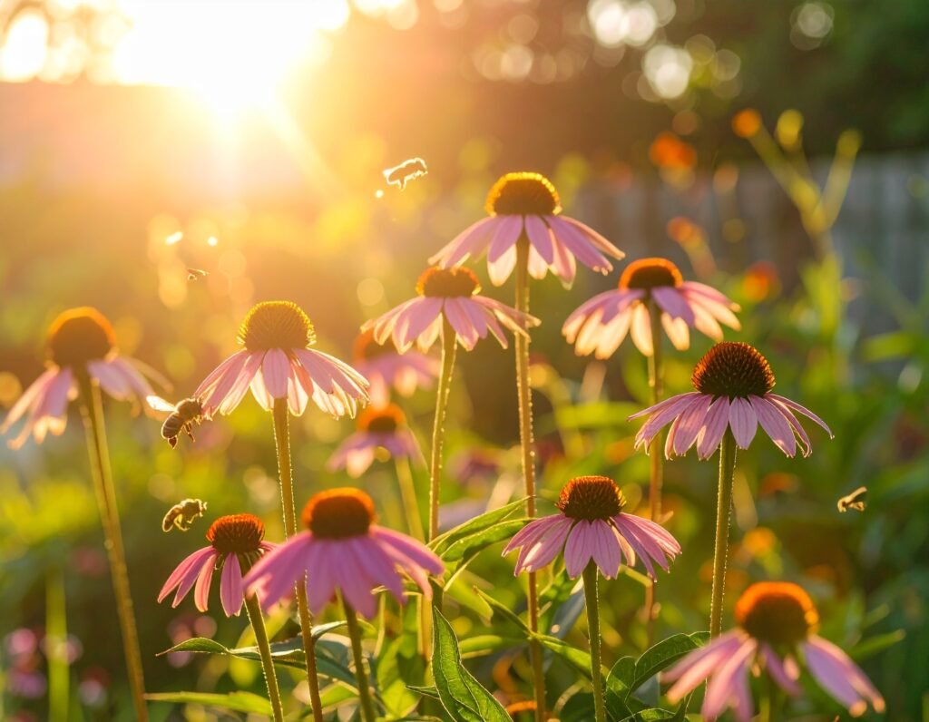 Herb garden bed with echinacea, garlic, and black seed