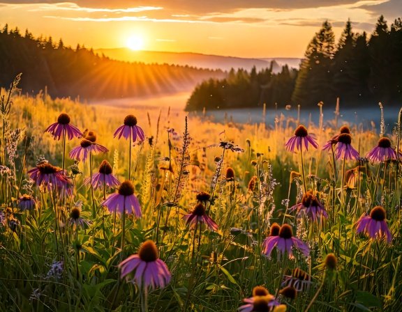 Wildflower meadow sunrise dew on echinacea flowers