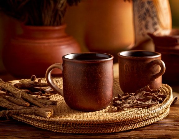 Rustic arrangement dried licorice roots and tea