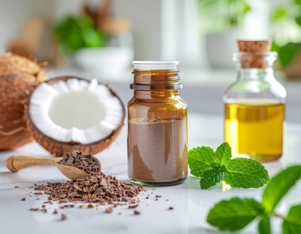 BioVanish keto energy formula jar with scoop, coconut/MCT and cacao ingredients