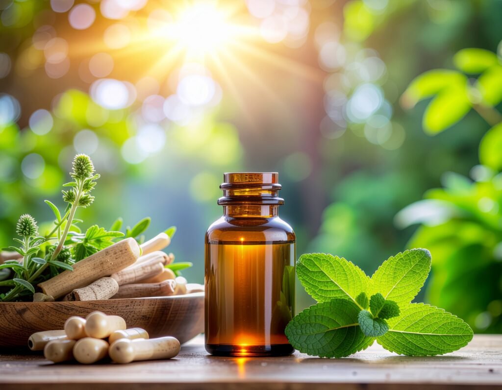 Quietum Plus bottle with herbal ingredients like ginkgo and ashwagandha