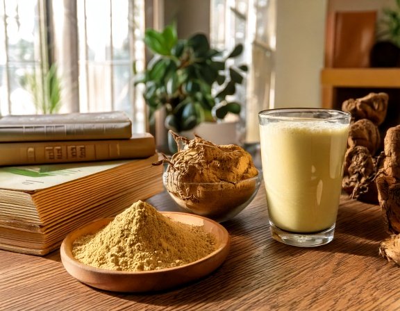 Bowl of maca powder and maca smoothie