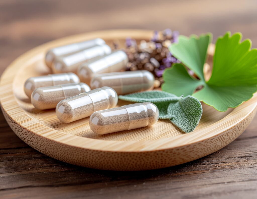 Quietum Plus capsules close-up with herbs and ginkgo leaves