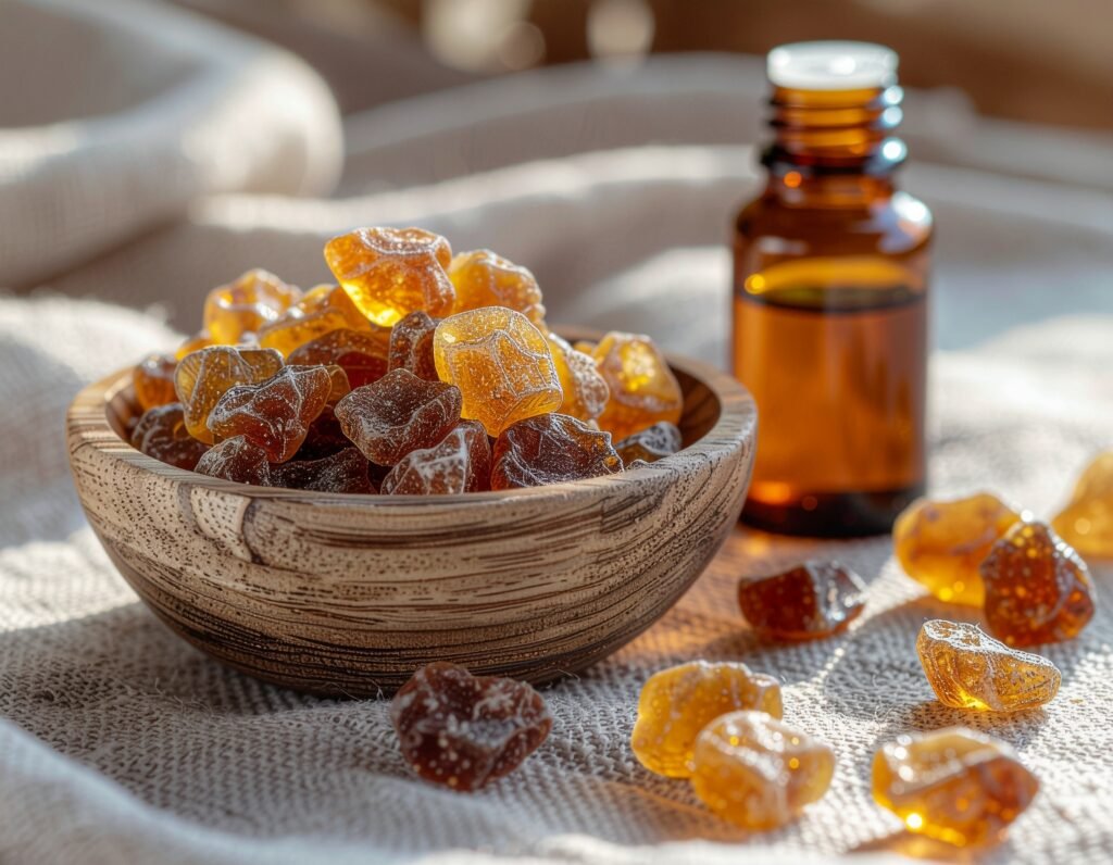 Boswellia, Frankincense resin in wooden bowl