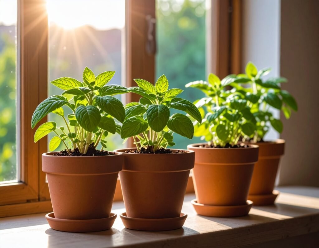 Young peppermint seedlings in terracotta pots