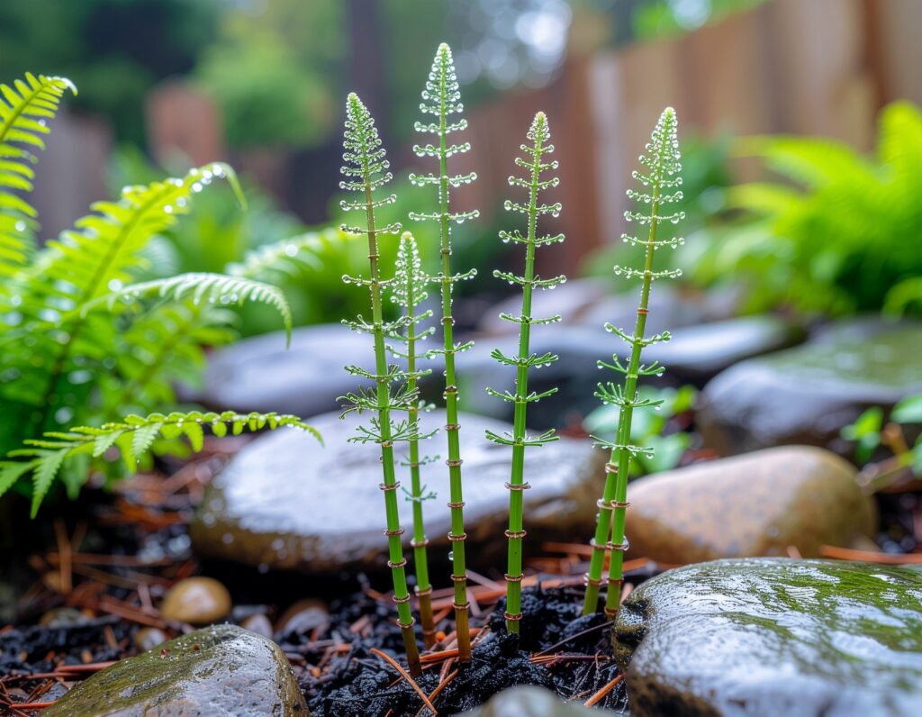 Thriving horsetail plants in a moist garden bed.