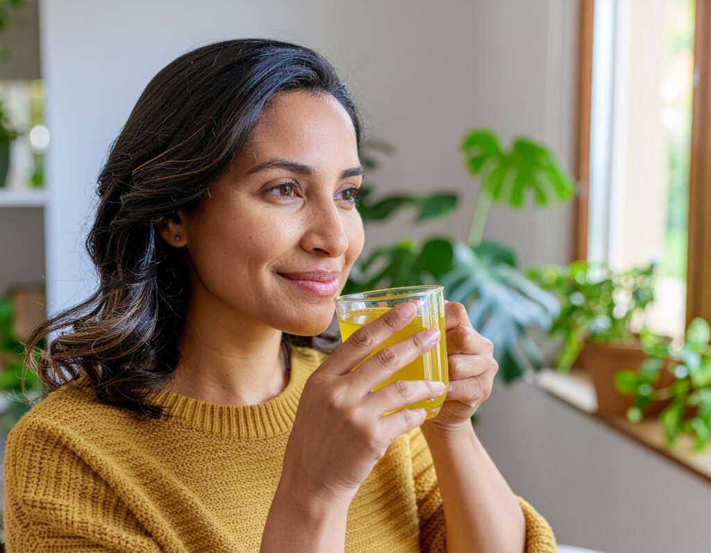 Person sipping golden turmeric tea at home
