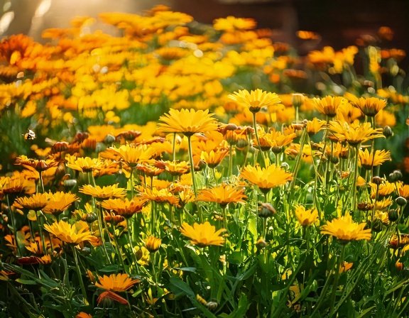 Cottage garden full of blooming calendula flowers and bees