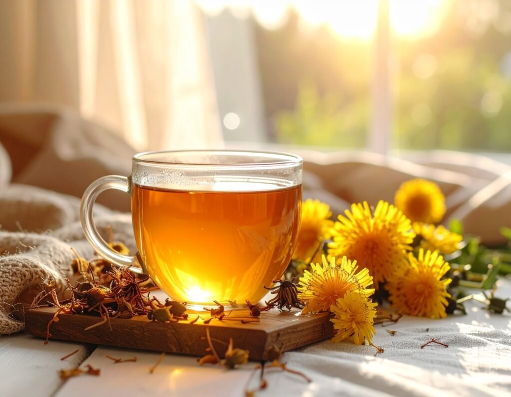 Cozy herbal tea setup with dried dandelion roots and flowers