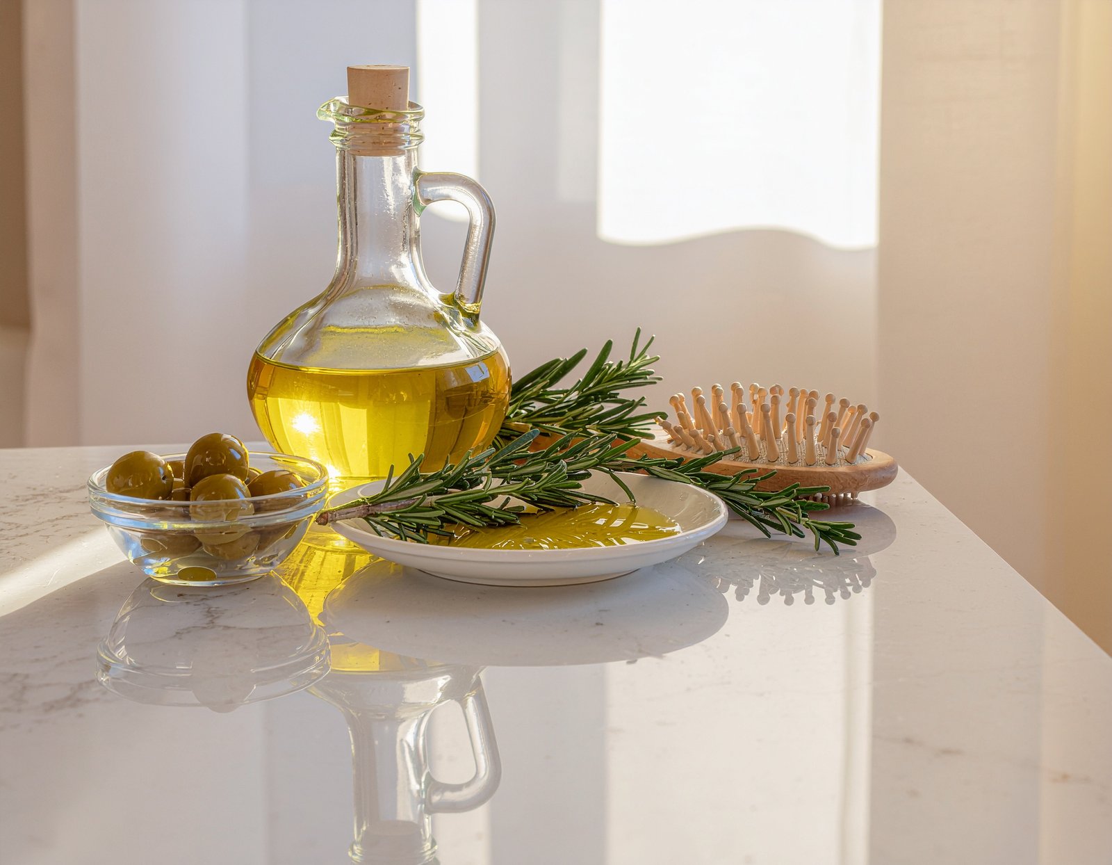 Bottle of golden olive oil with rosemary