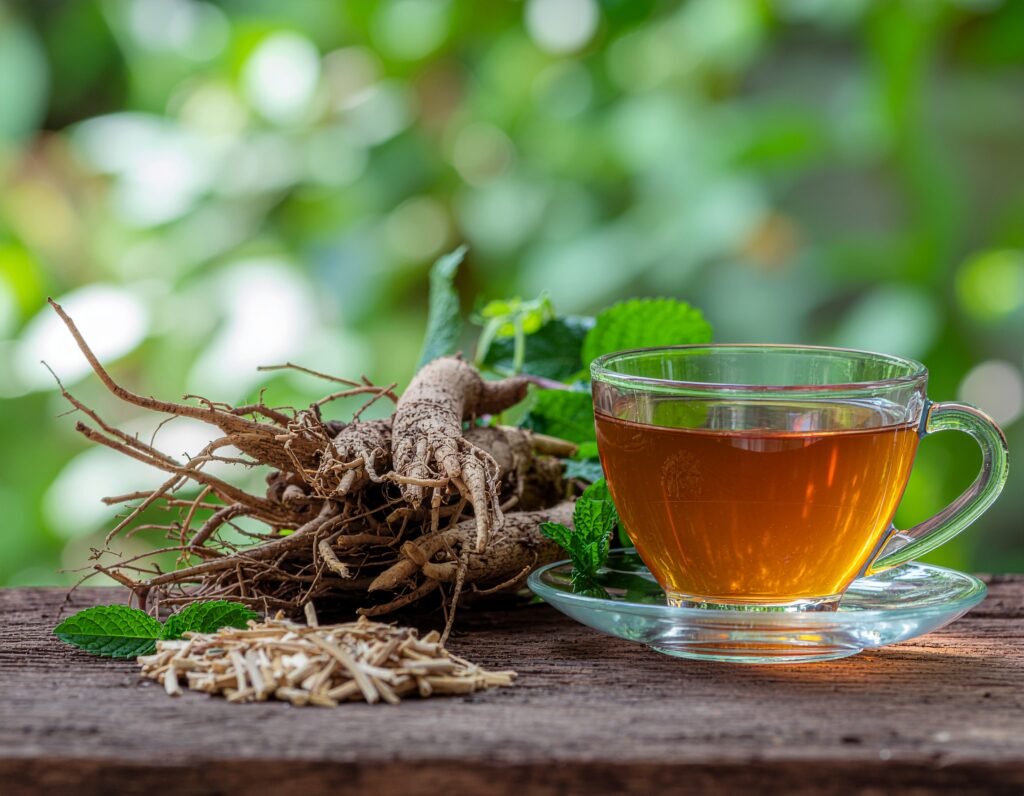 Shatavari roots with foliage and a calming herbal tea