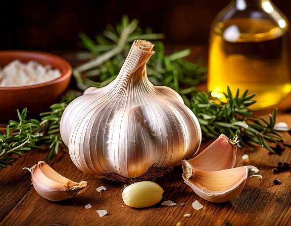 Fresh garlic bulbs and cloves on kitchen table