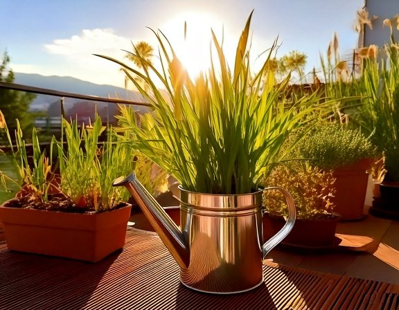 Fresh garlic plant on a balcony porch with flowers