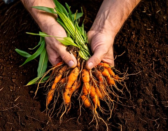 Harvesting turmeric - hands lifting orange rhizomes
