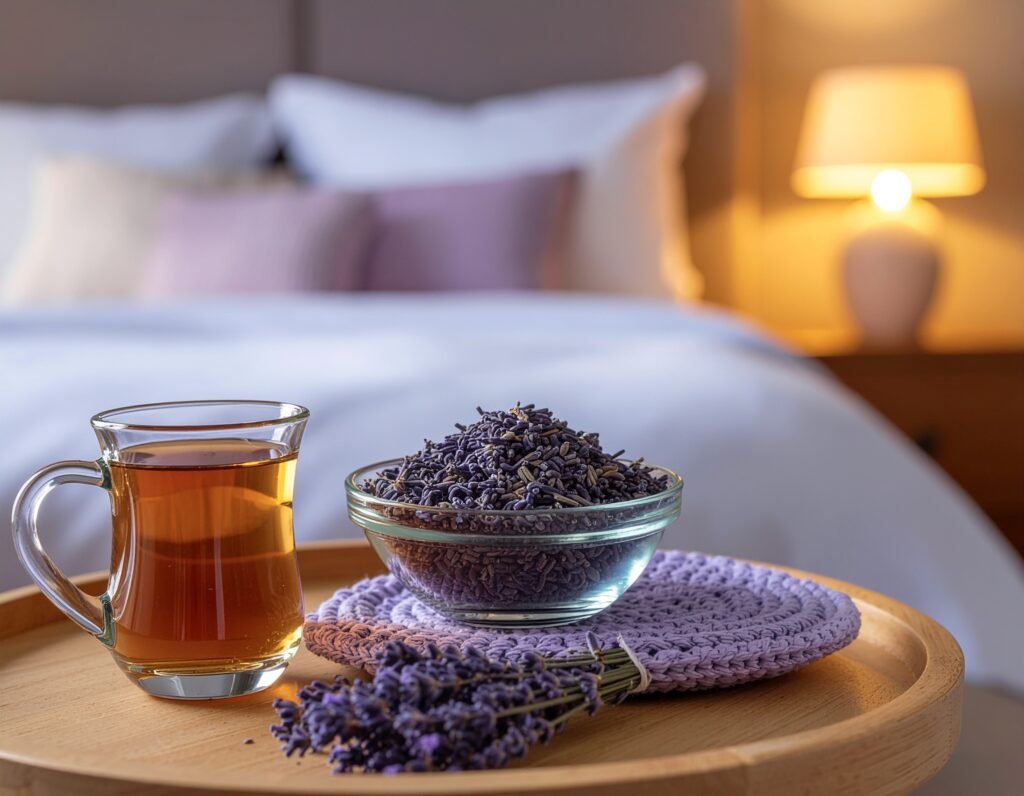 Dried lavender buds, eye pillow, and calming tea
