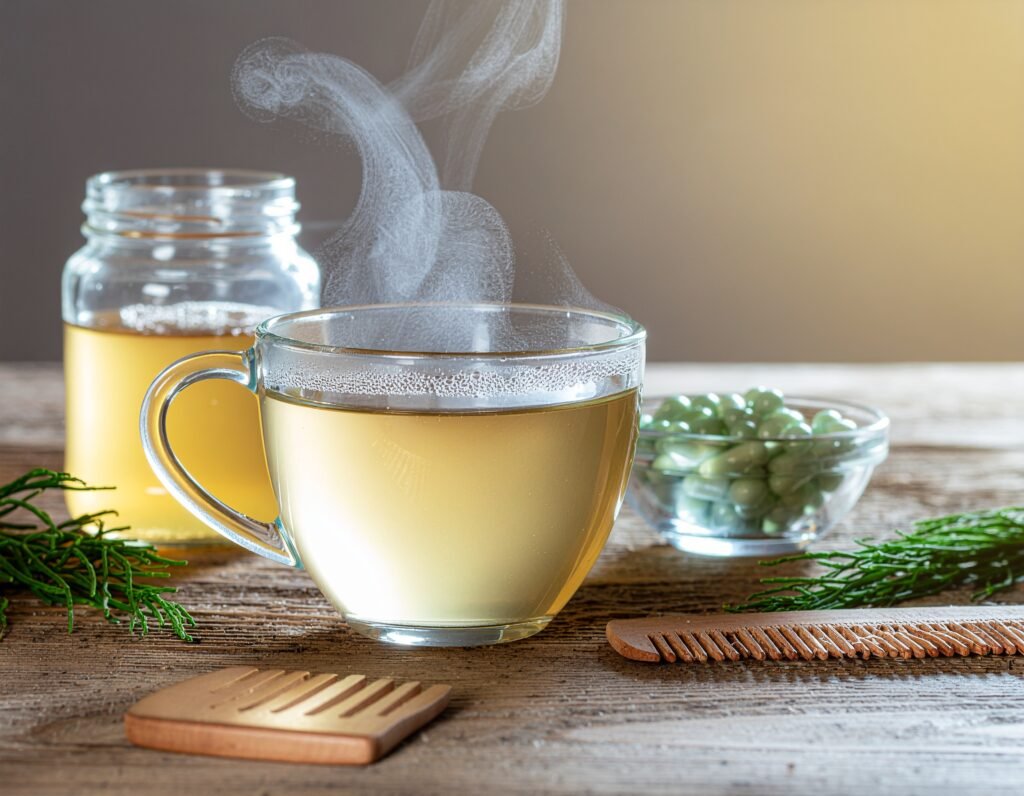 Glass mug of horsetail tea, jar of homemade horsetail hair rinse