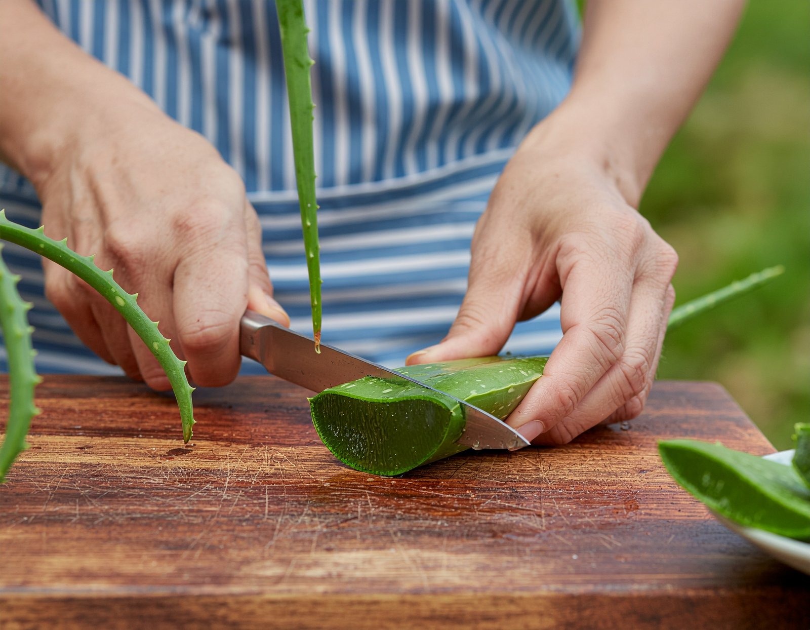 Slicing a mature aloe leaf at the base