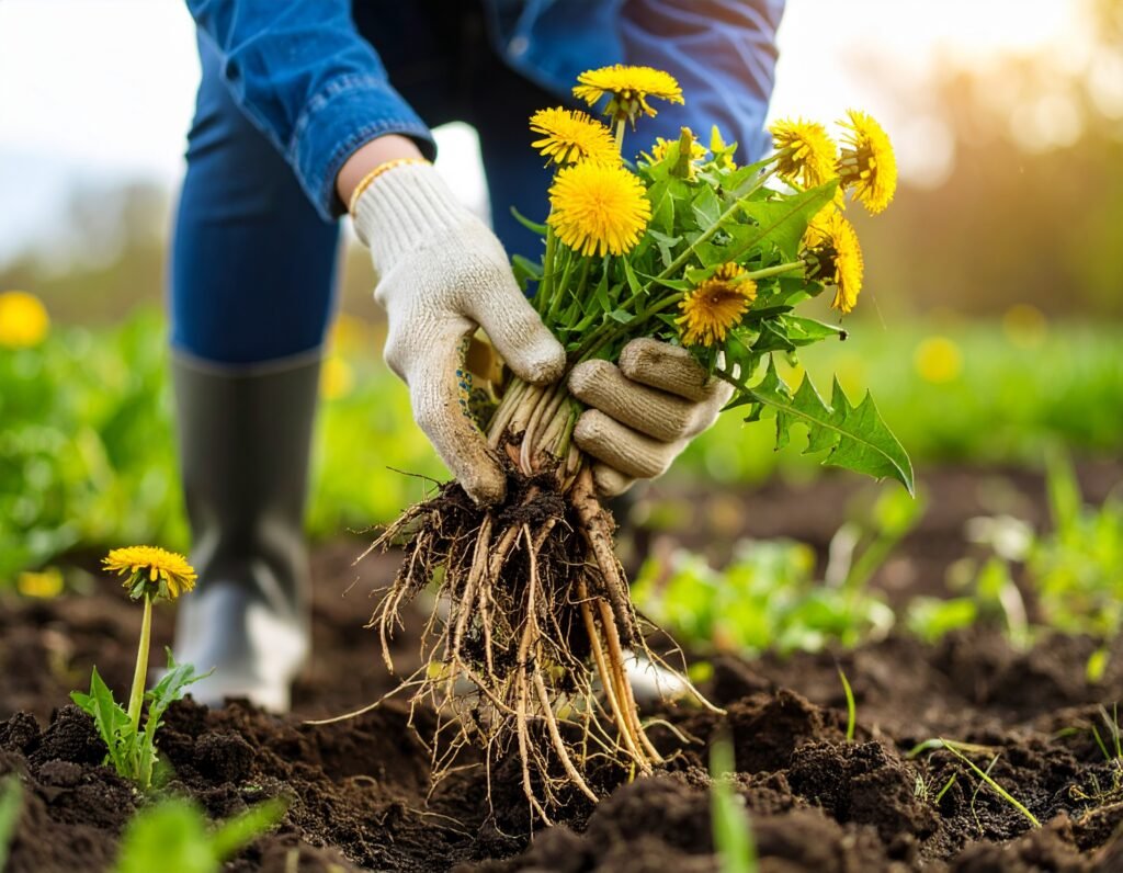 Harvesting mature dandelion roots from garden soil