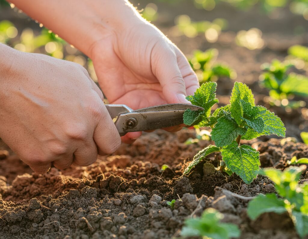 Harvesting peppermint with scissors