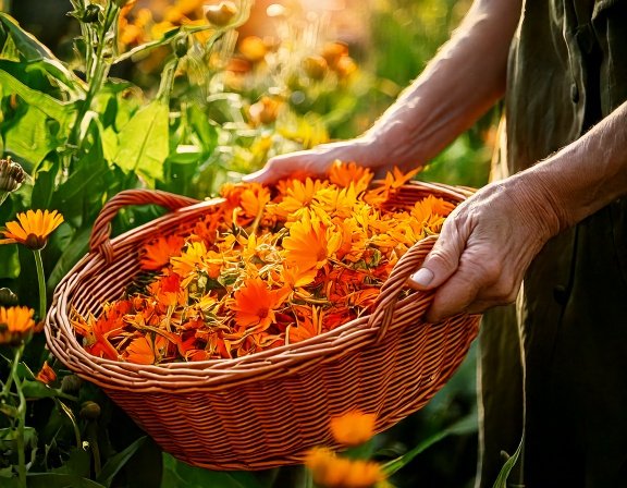 Hands harvesting fresh calendula blooms in the morning