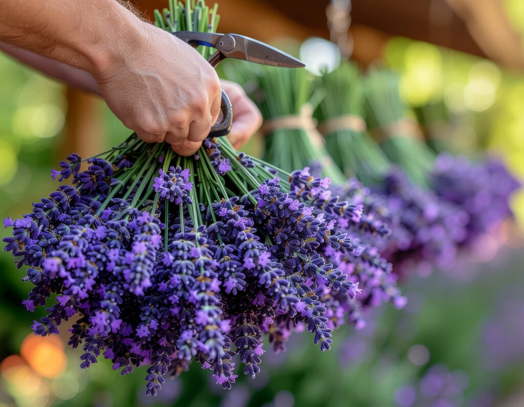 Snipping lavender stems and hanging bundles to dry