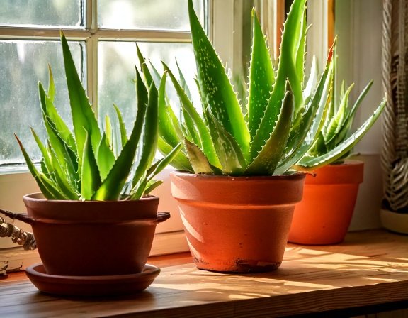 Healthy aloe vera in terracotta pots by a sunny window