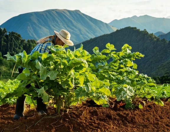 Healthy maca plants with leafy tops; gardener mulching