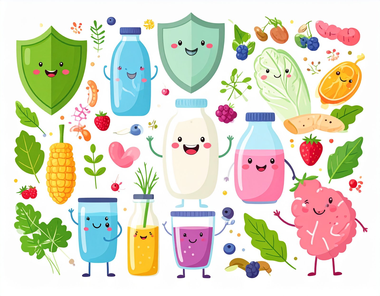 Illustration of a healthy gut microbiome with smiling probiotic characters