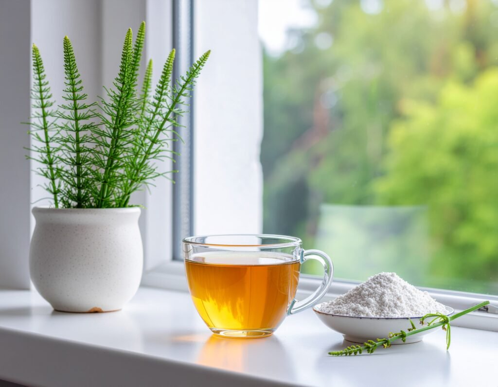 Lush green horsetail plants and a glass of herbal tea