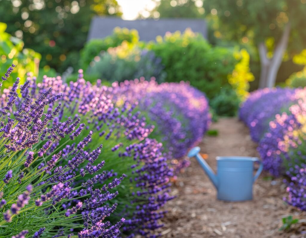 Rows of lavender blooming in a home garden at golden hour