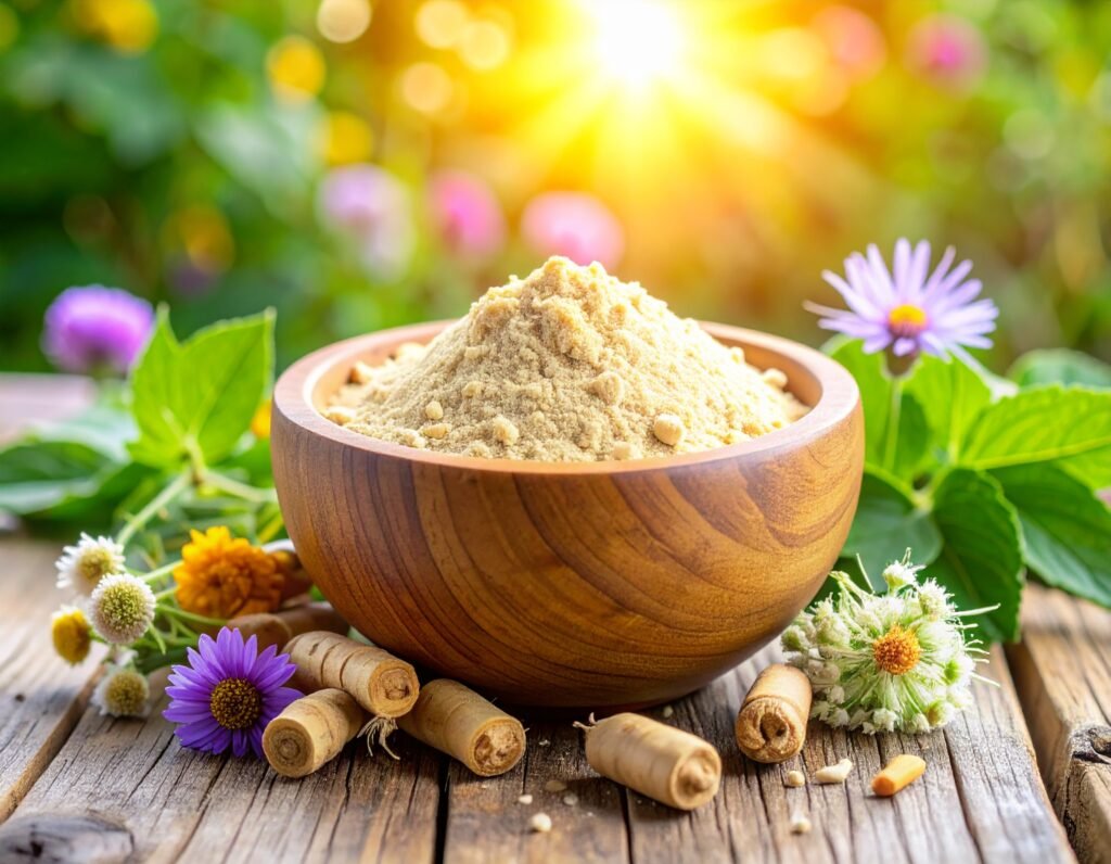 Maca root with powder in a rustic bowl