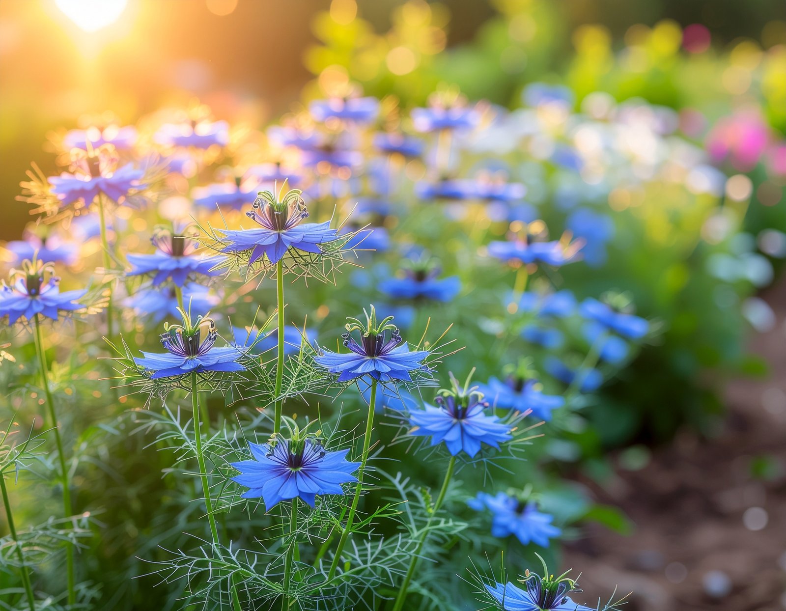 Nigella sativa black seed plants blooming in golden light