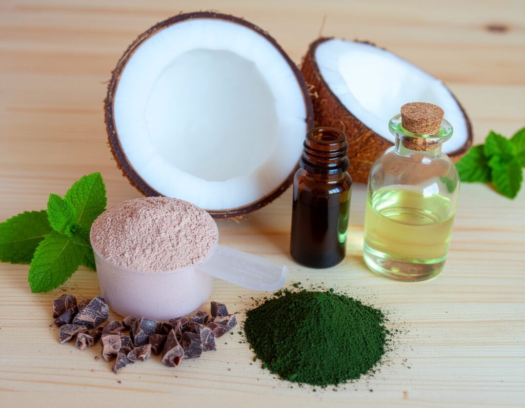 Supplement powder, cacao nibs, and coconut—keto-friendly ingredients