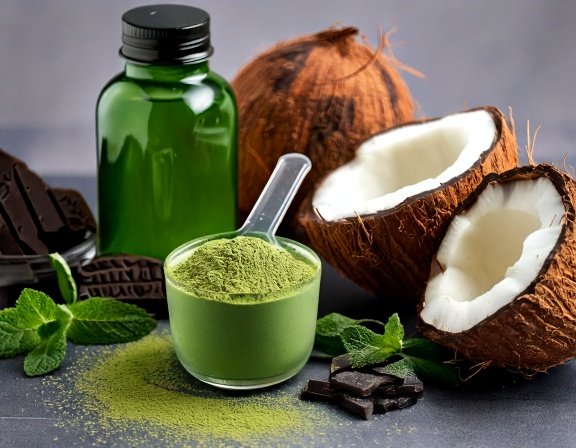 Powdered supplement scoop with coconut halves and MCT oil