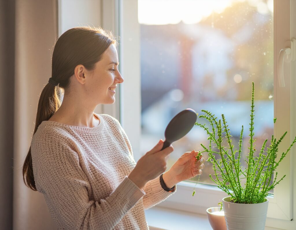 Radiant woman brushing hair with horsetail tea by window