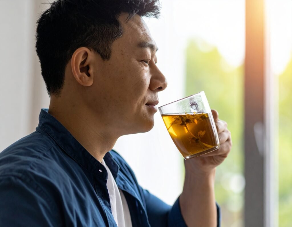 Enjoying a soothing cup of dandelion root tea at home