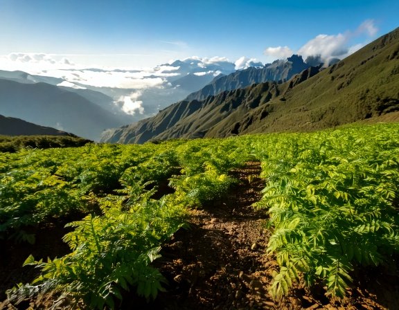 Rows of green maca plants in a high-altitude garden