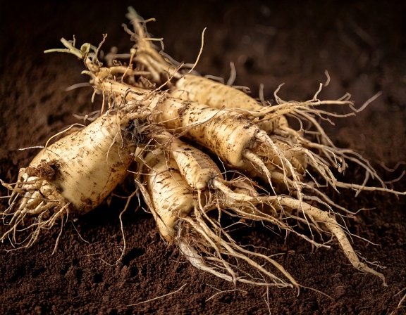 Freshly dug shatavari roots close-up