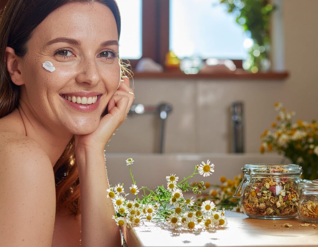 Person applying calendula balm to their cheek in a sunlit bathroom