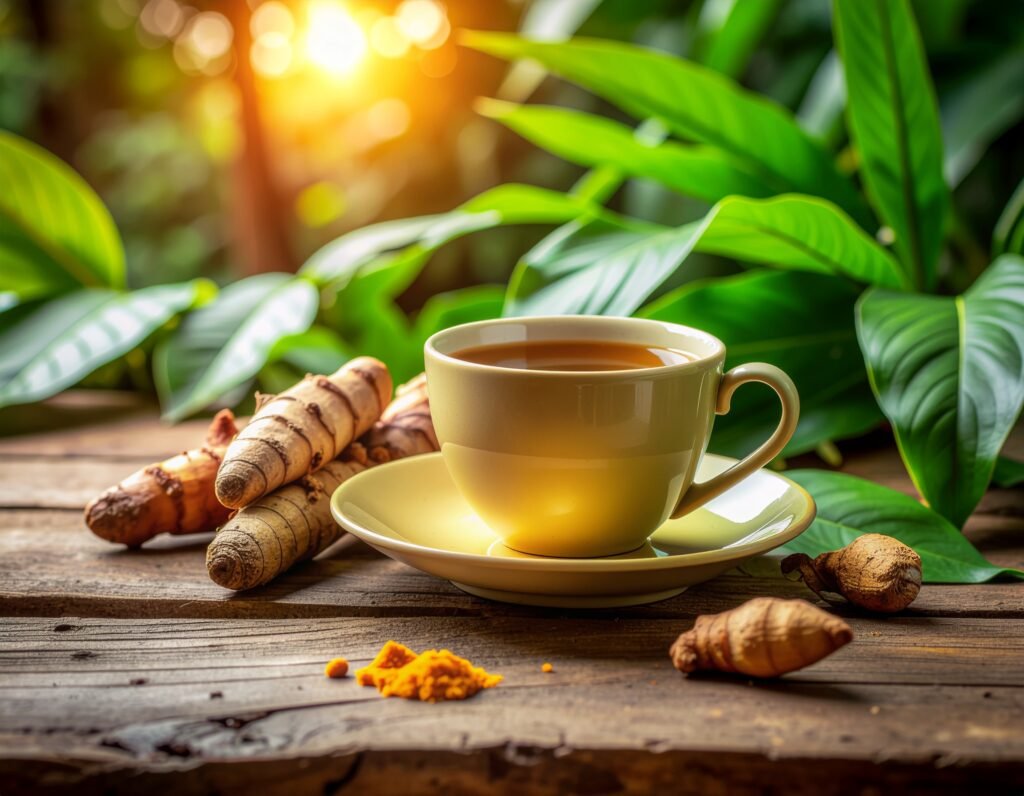 Freshly dug turmeric roots, green leaves, golden tea